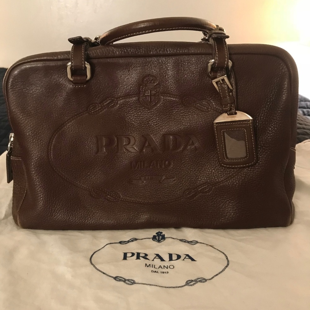 Prada Brown Leather Logo Embossed Satchel